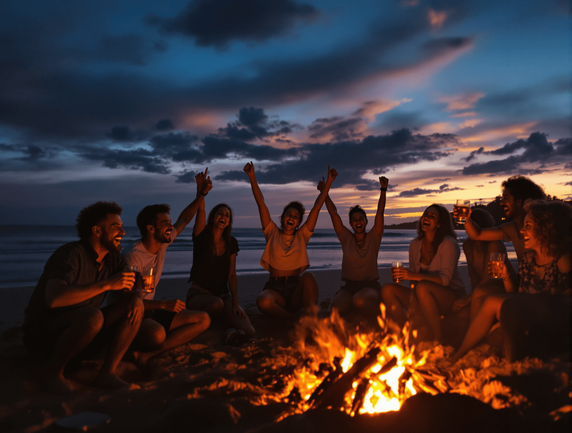 A group of friends cheering around a bonfire on a beach at dusk (ai generated)