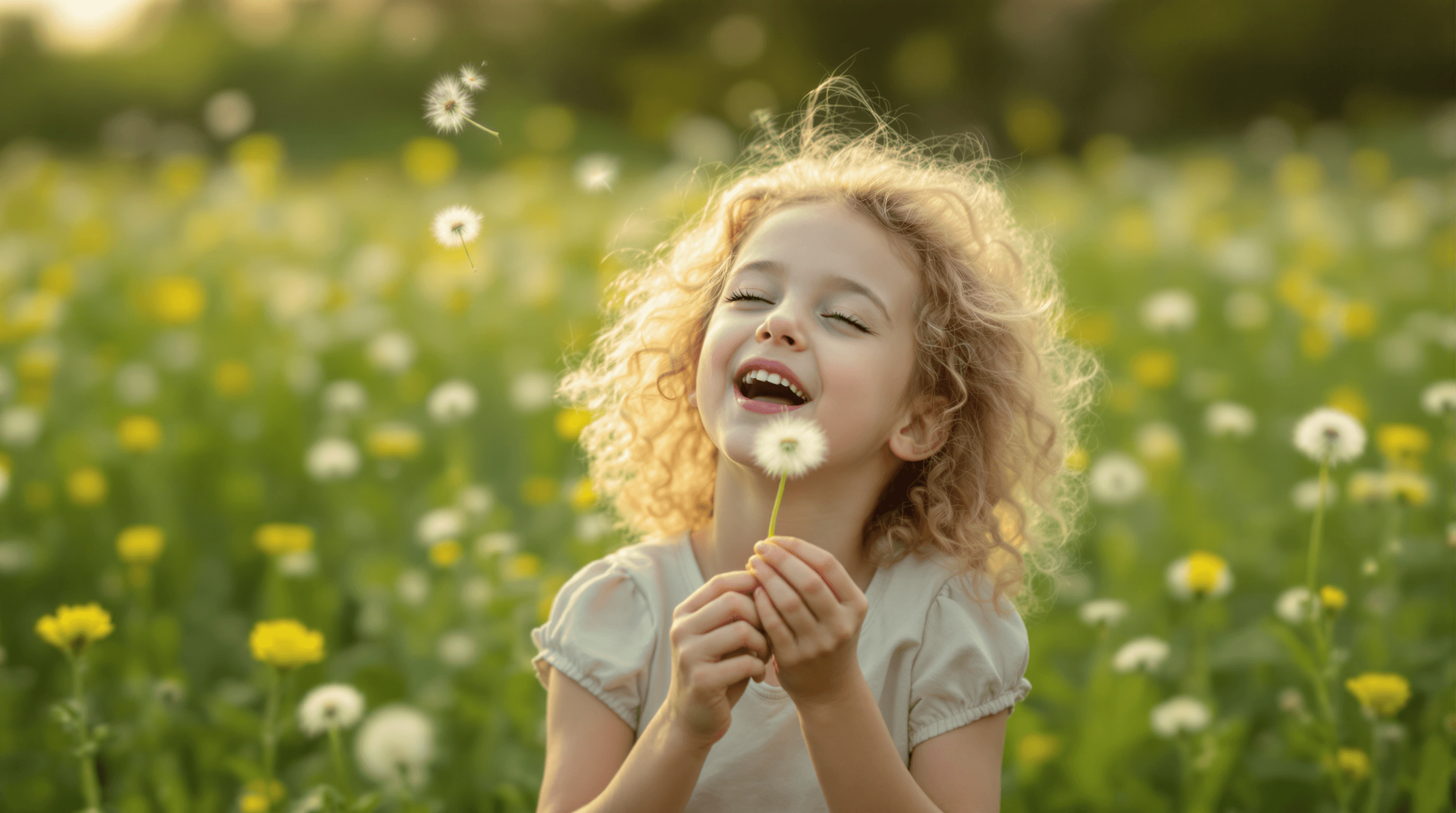 A little girl with curly hair giggling as she blows dandelion seeds into the wind (ai generated)