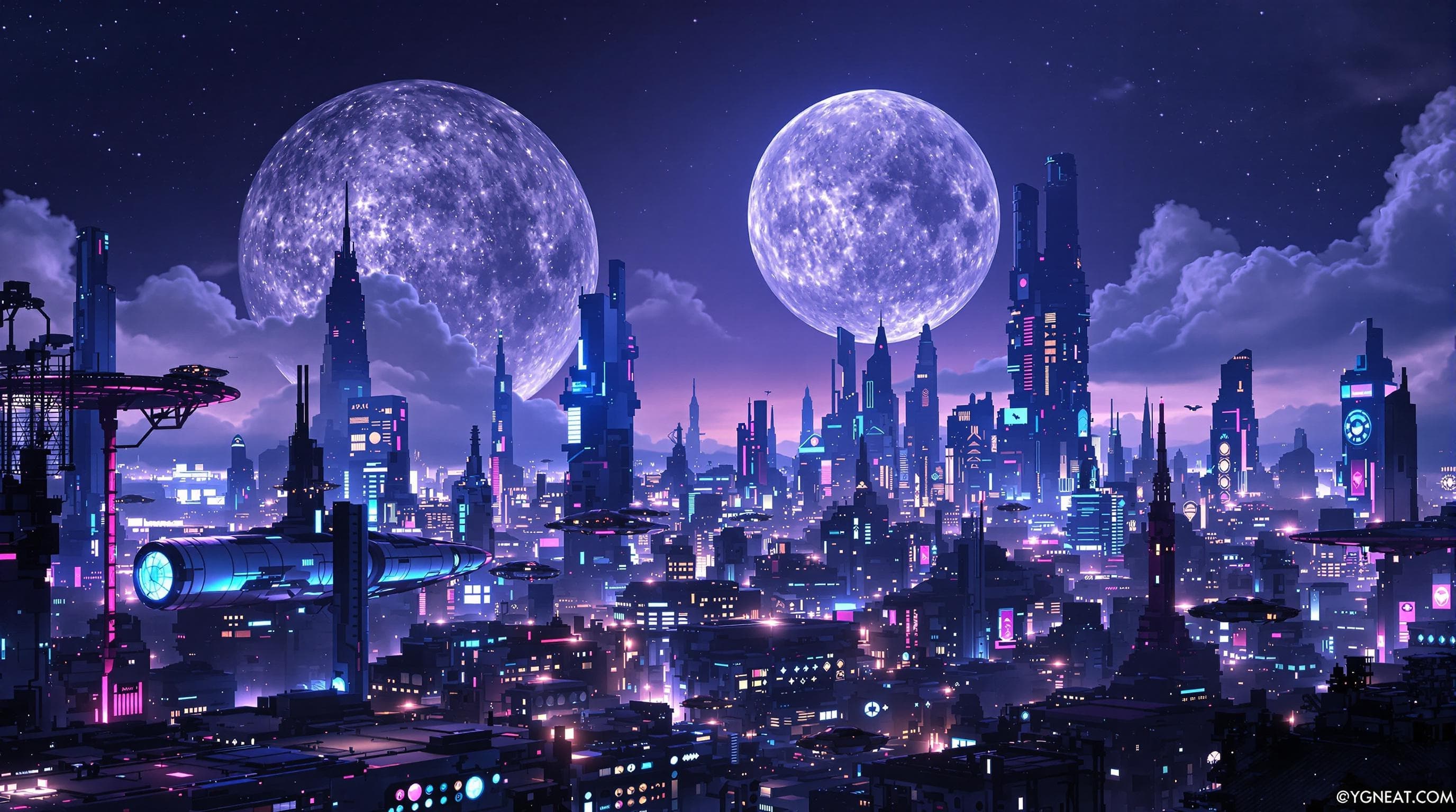 A futuristic cityscape at night, glowing with neon lights and floating vehicles (ai generated)