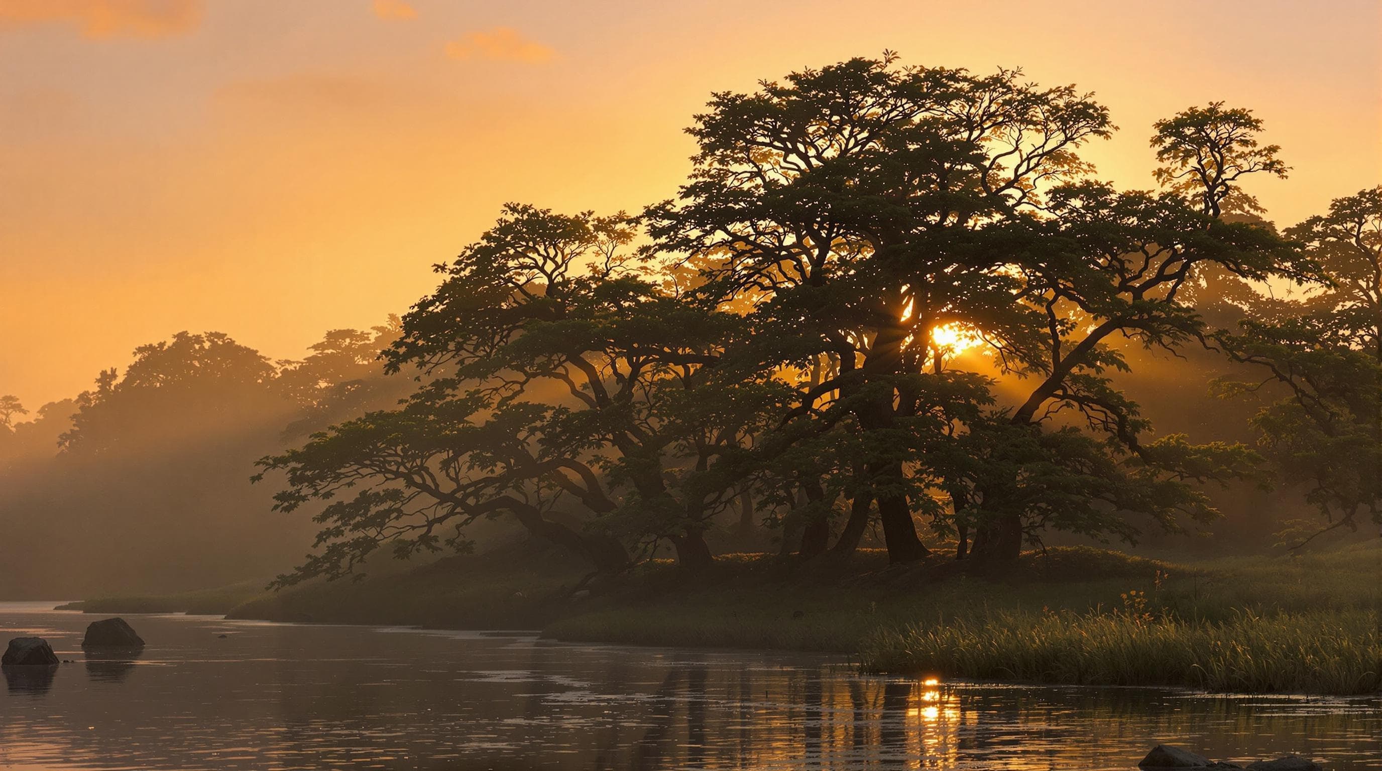 A serene sunset over a misty forest (ai generated)